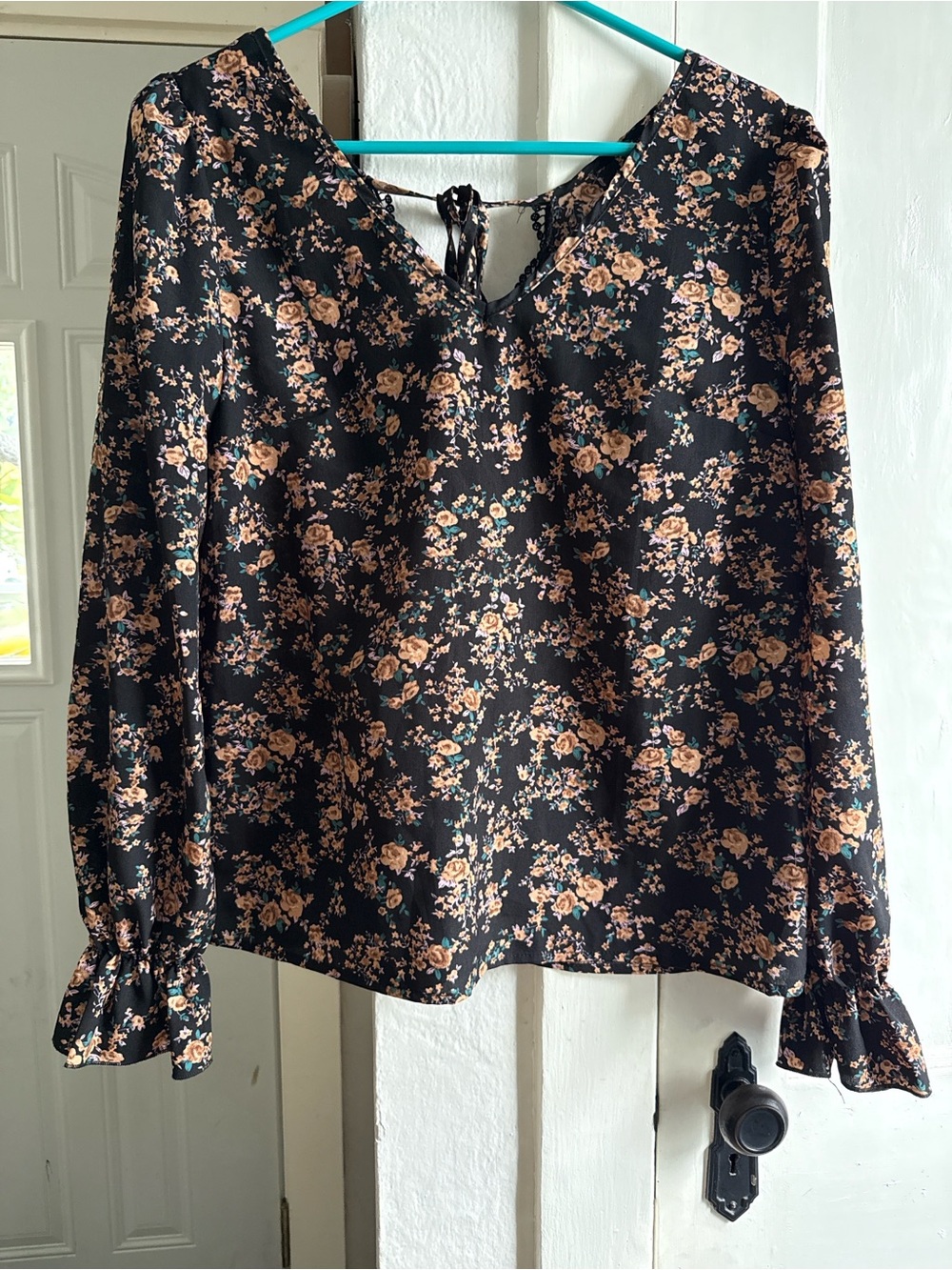 SHEIN Black Floral V-Neck Long Sleeve Blouse with Peach Flowers